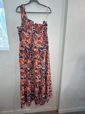 Nine West One-Shoulder Tropical Smocked Maxi Dress Resort Wear XXL